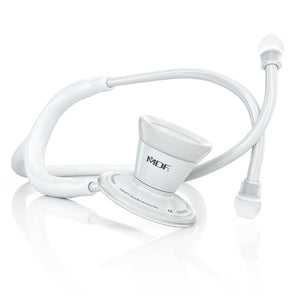 White MDF Instruments ProCardial adult cardiology stethoscope with dual head and comfortable eartips, designed for medical professionals.