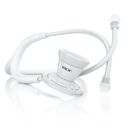White MDF Instruments ProCardial adult cardiology stethoscope with dual head and comfortable eartips, designed for medical professionals.