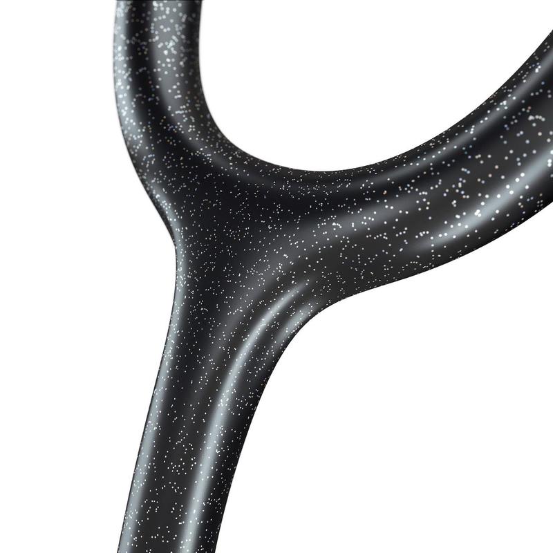 Black glitter MDF ProCardial titanium adult cardiology stethoscope with case, featuring dual-head chest piece and ergonomic tubing.
