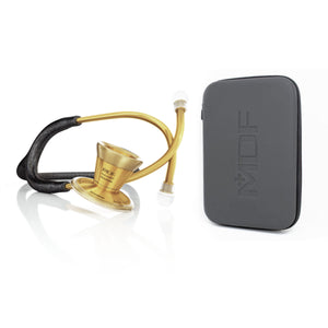 Black glitter and gold ProCardial titanium adult cardiology stethoscope by MDF Instruments with black case.