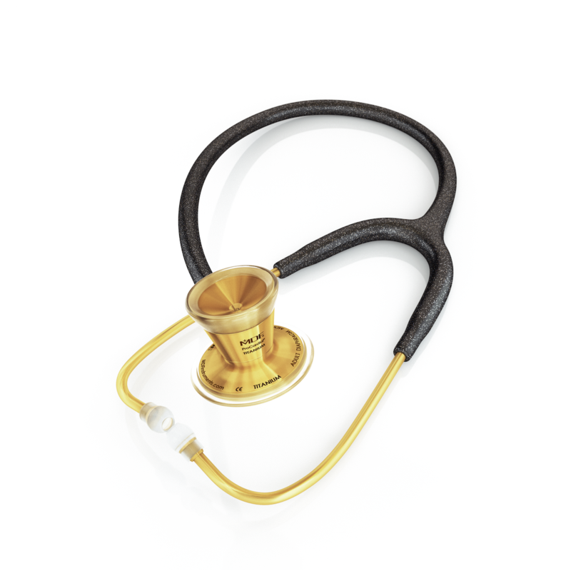 ProCardial® Titanium adult cardiology stethoscope by MDF Instruments in black glitter and gold with a carrying case.
