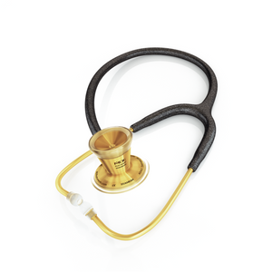 ProCardial® Titanium adult cardiology stethoscope by MDF Instruments in black glitter and gold with a carrying case.
