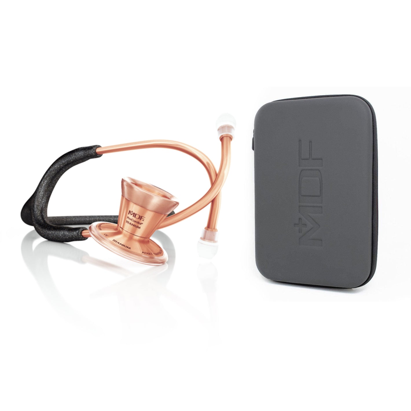 MDF Instruments ProCardial titanium adult cardiology stethoscope in black glitter and rose gold with carrying case.