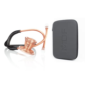 MDF Instruments ProCardial titanium adult cardiology stethoscope in black glitter and rose gold with carrying case.