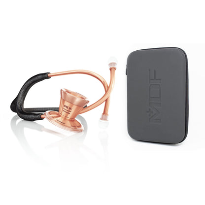 MDF Instruments ProCardial titanium adult cardiology stethoscope in black glitter and rose gold with carrying case.