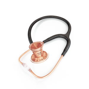 ProCardial titanium adult cardiology stethoscope by MDF Instruments in black glitter and rose gold with black case, detailed close-up view