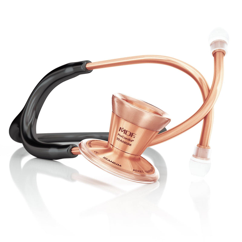 MDF Instruments ProCardial Titanium adult cardiology stethoscope in black with rose gold accents, featuring dual head chest piece and flexible tubing.