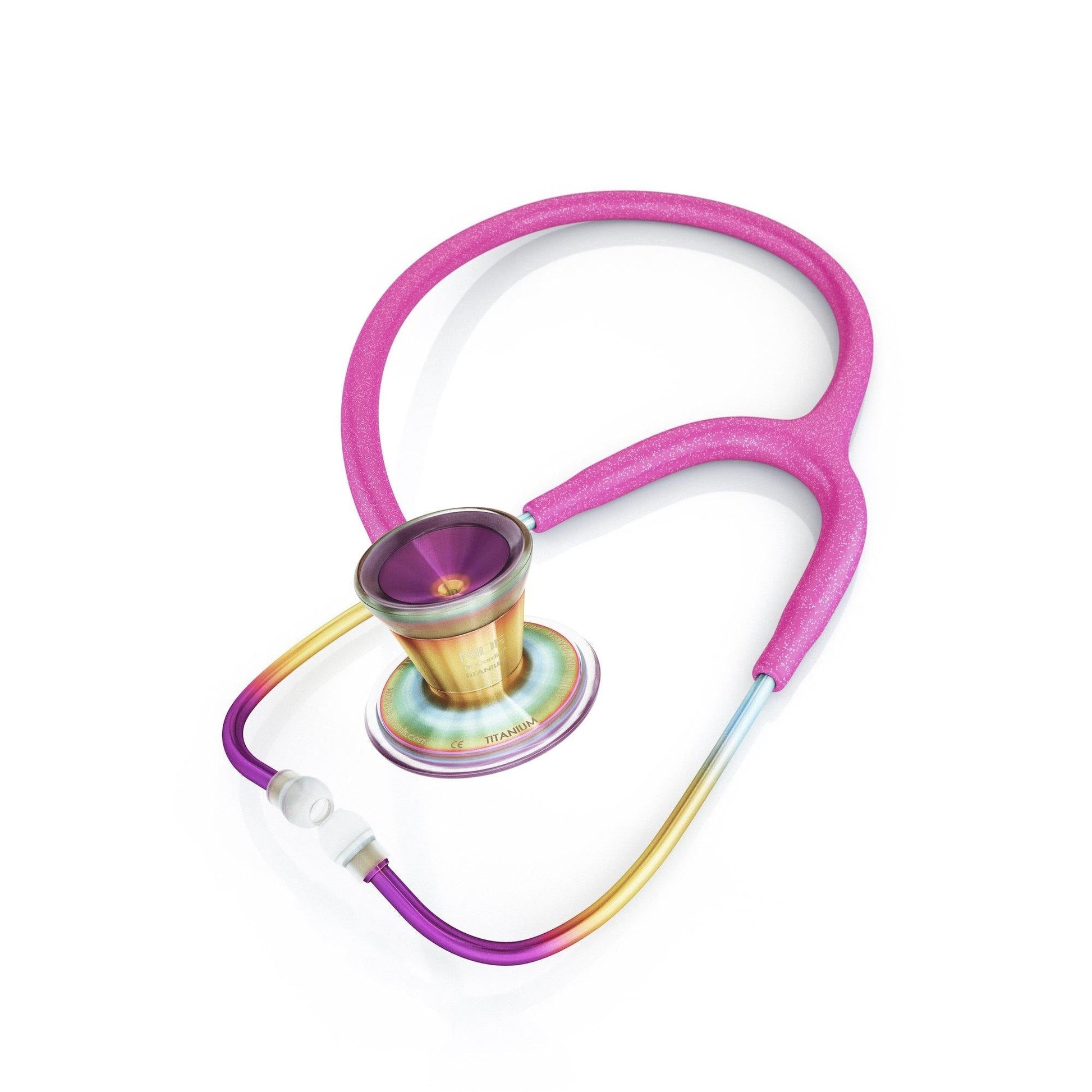 Bright pink glitter MDF ProCardial titanium adult cardiology stethoscope with colorful kaleidoscope tubing and case