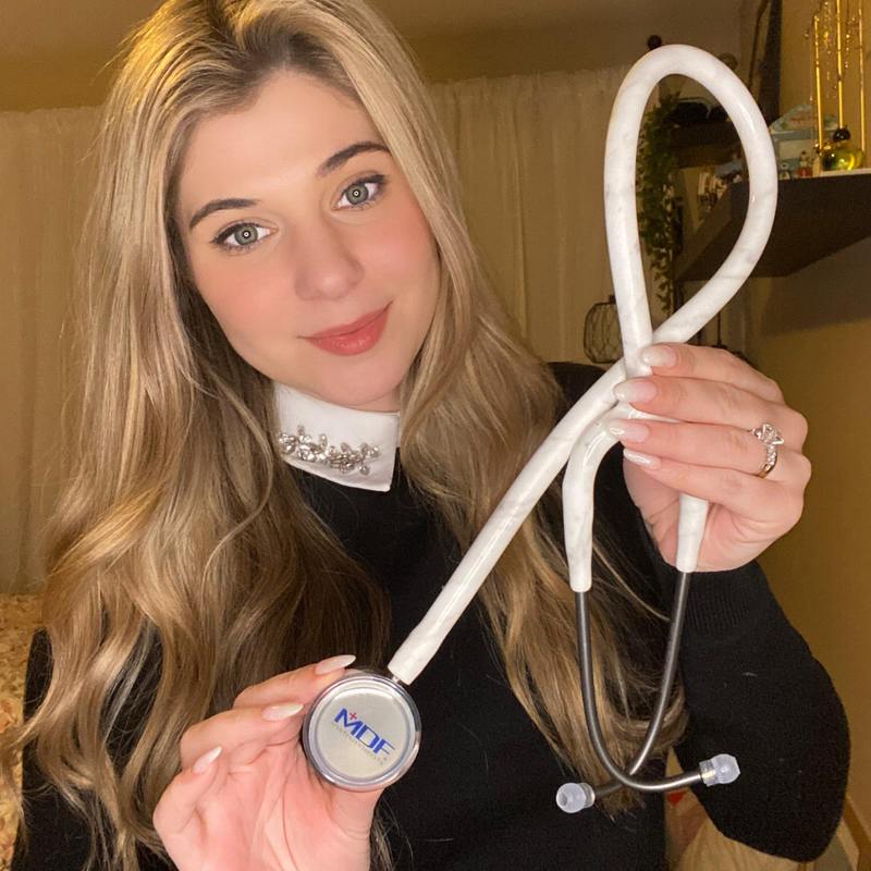 MDF Instruments ProCardial titanium adult cardiology stethoscope with marble and metallic finish, shown with carrying case.