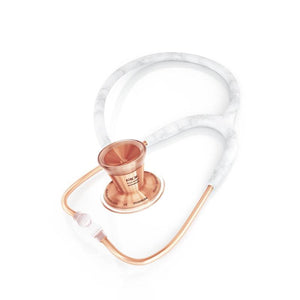 ProCardial Titanium adult cardiology stethoscope by MDF Instruments in Carrera Marble and Rose Gold, with protective case.