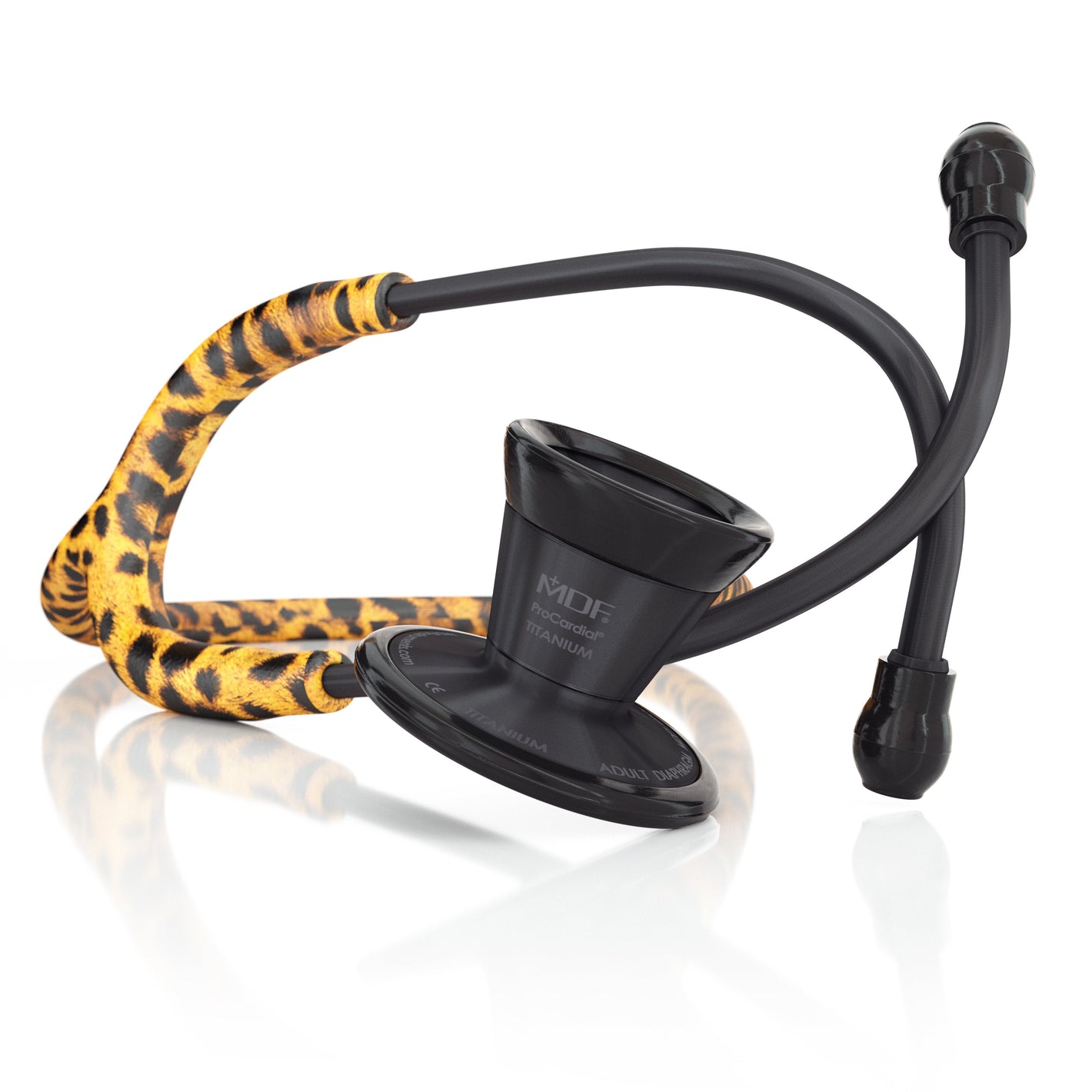 ProCardial Titanium adult cardiology stethoscope by MDF Instruments with cheetah and blackout design, lightweight and durable for medical use.