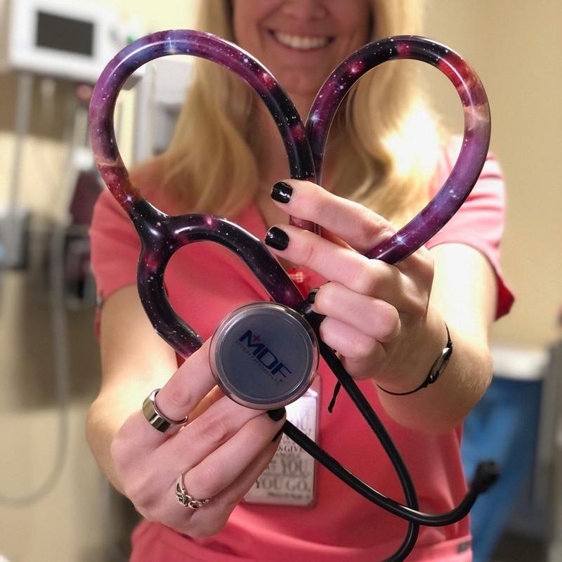 MDF Instruments ProCardial titanium adult cardiology stethoscope with galaxy and blackout finish, shown with carrying case.