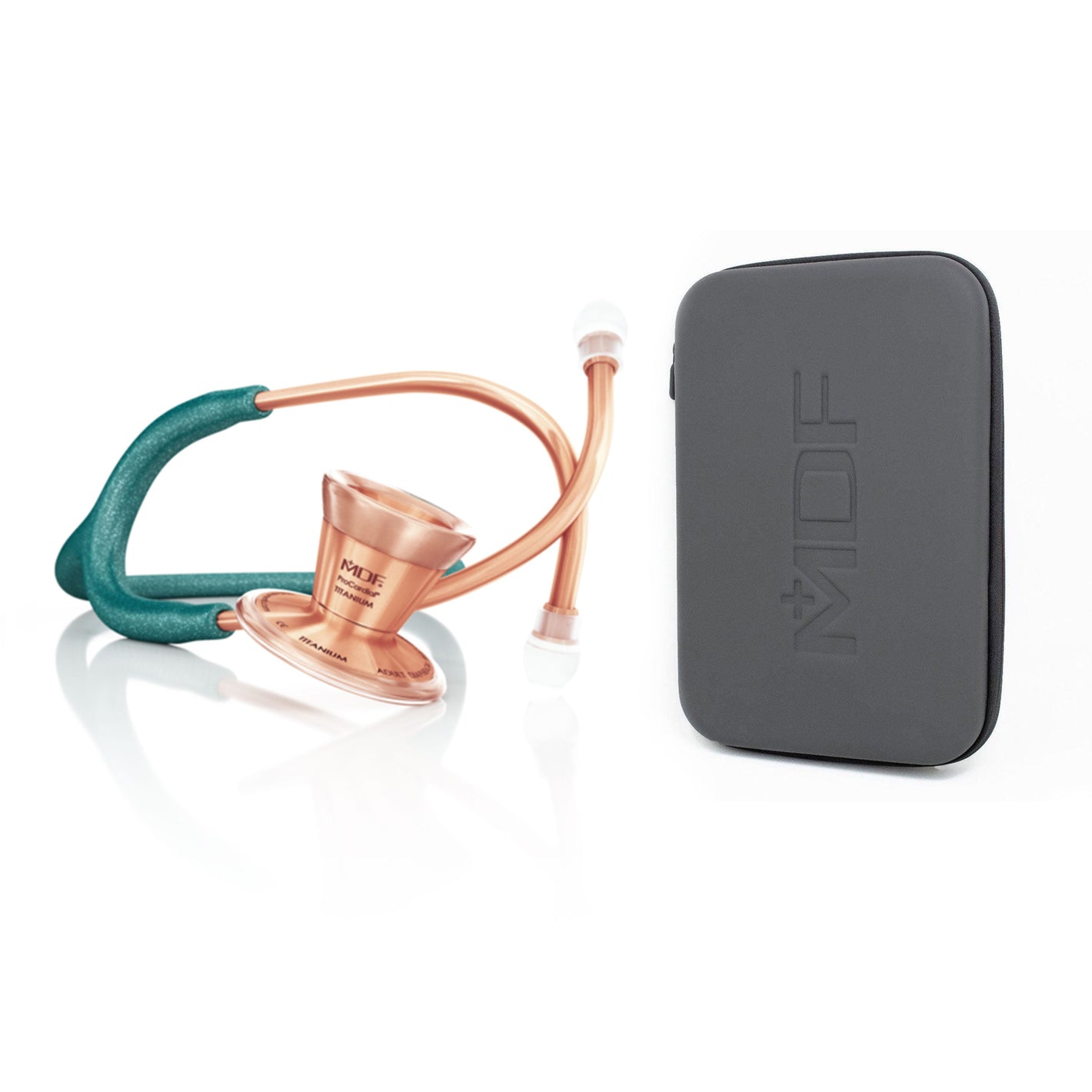 ProCardial Titanium adult cardiology stethoscope in green glitter with rose gold accents and carrying case by MDF Instruments