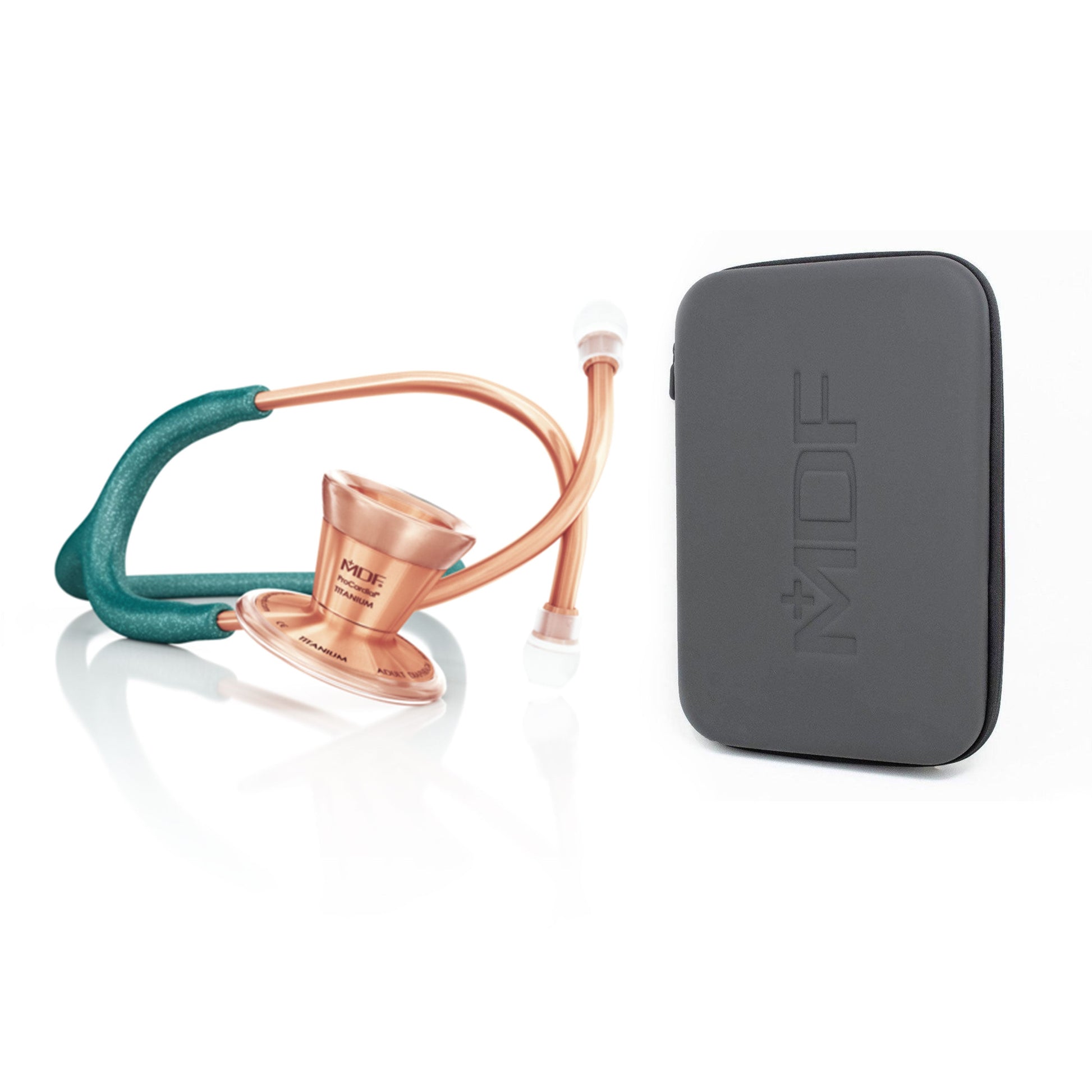ProCardial Titanium adult cardiology stethoscope in green glitter with rose gold accents and carrying case by MDF Instruments