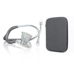 ProCardial titanium adult cardiology stethoscope in grey glitter with case, by MDF Instruments, showing the stethoscope and accessories.