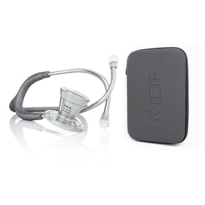 ProCardial titanium adult cardiology stethoscope in grey glitter with case, by MDF Instruments, showing the stethoscope and accessories.
