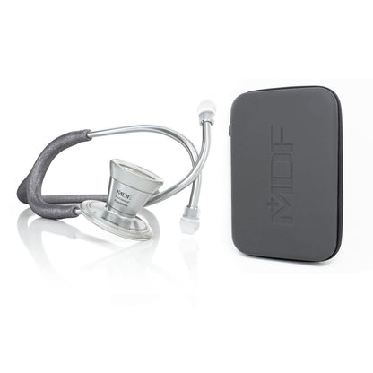 ProCardial titanium adult cardiology stethoscope in grey glitter with case, by MDF Instruments, showing the stethoscope and accessories.