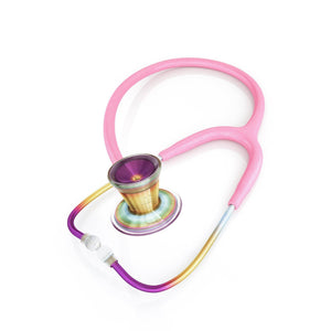 ProCardial Titanium adult cardiology stethoscope in light pink glitter with kaleidoscope pattern and carrying case by MDF Instruments