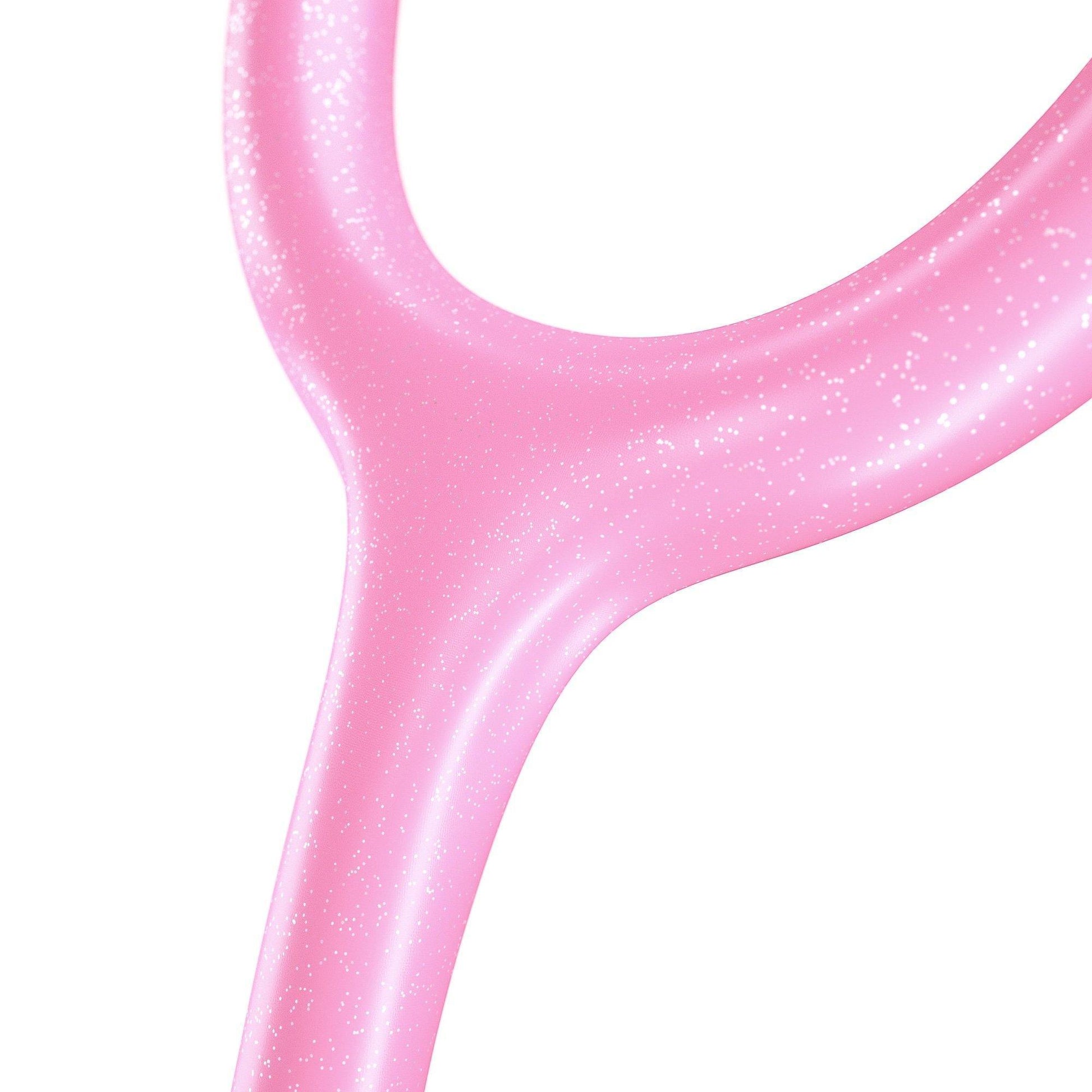 ProCardial® Titanium adult cardiology stethoscope in light pink glitter with a case, featuring a flexible tubing and metal chest piece.