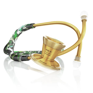 MDF Instruments ProCardial Titanium adult cardiology stethoscope in LoSace/Gold with dual head and ergonomic earpieces.