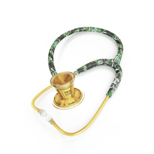 MDF Instruments ProCardial titanium adult cardiology stethoscope with gold accents, featuring dual-head chest piece and adjustable earpieces.