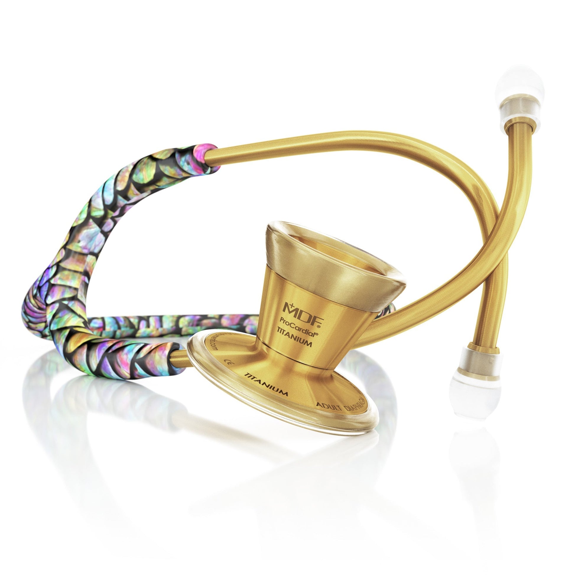 MDF Instruments ProCardial Titanium adult cardiology stethoscope in gold with mermaid design on the tubing, professional medical tool