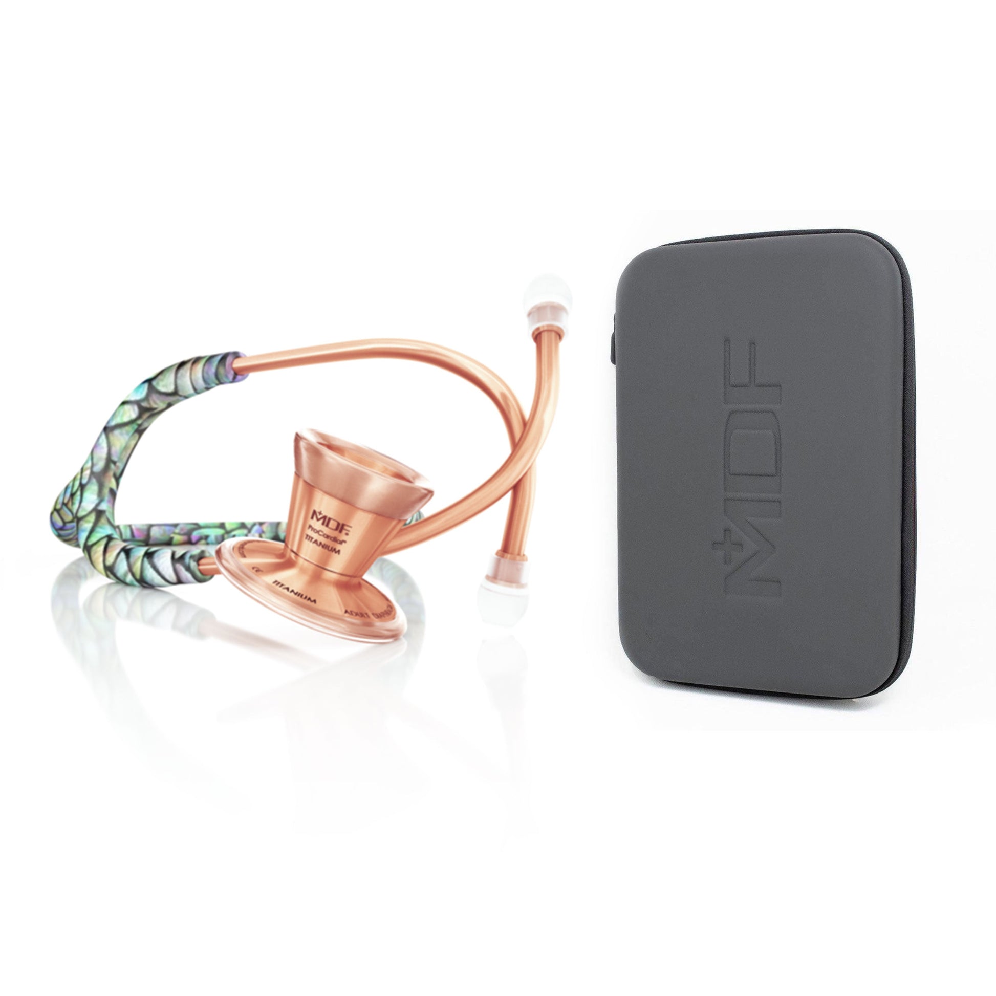 MDF Instruments ProCardial® titanium adult cardiology stethoscope in mermaid and rose gold with carrying case, showing the chest piece and tubing.