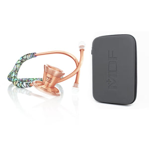 MDF Instruments ProCardial® titanium adult cardiology stethoscope in mermaid and rose gold with carrying case, showing the chest piece and tubing.