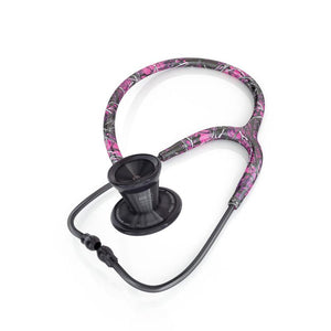 ProCardial Titanium adult cardiology stethoscope by MDF Instruments in Muddy Girl and BlackOut with carrying case, shown in close-up.