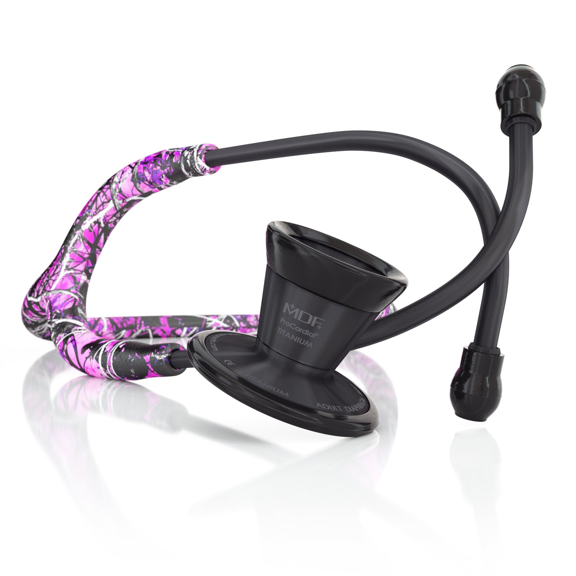 MDF Instruments ProCardial Titanium adult cardiology stethoscope in Muddy Girl Camo and BlackOut, with dual head and flexible tubing.
