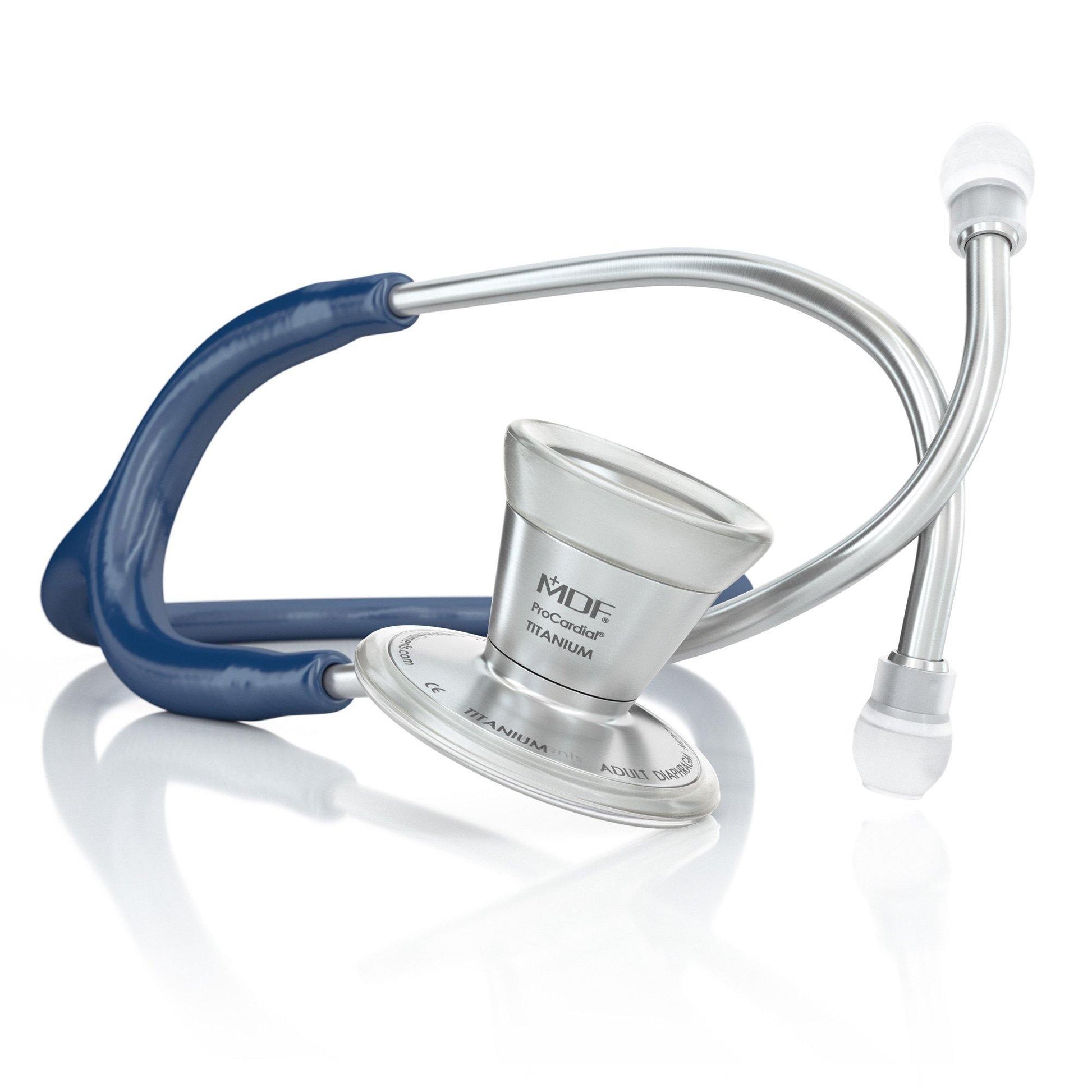 Navy blue ProCardial Titanium adult cardiology stethoscope by MDF Instruments with dual-head chest piece and flexible tubing.