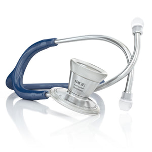 Navy blue ProCardial Titanium adult cardiology stethoscope by MDF Instruments with dual-head chest piece and flexible tubing.