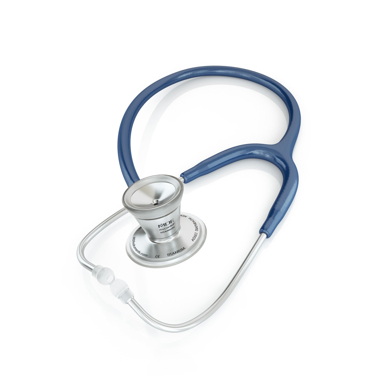 Navy blue ProCardial® titanium adult cardiology stethoscope by MDF Instruments with dual head chest piece and soft eartips.
