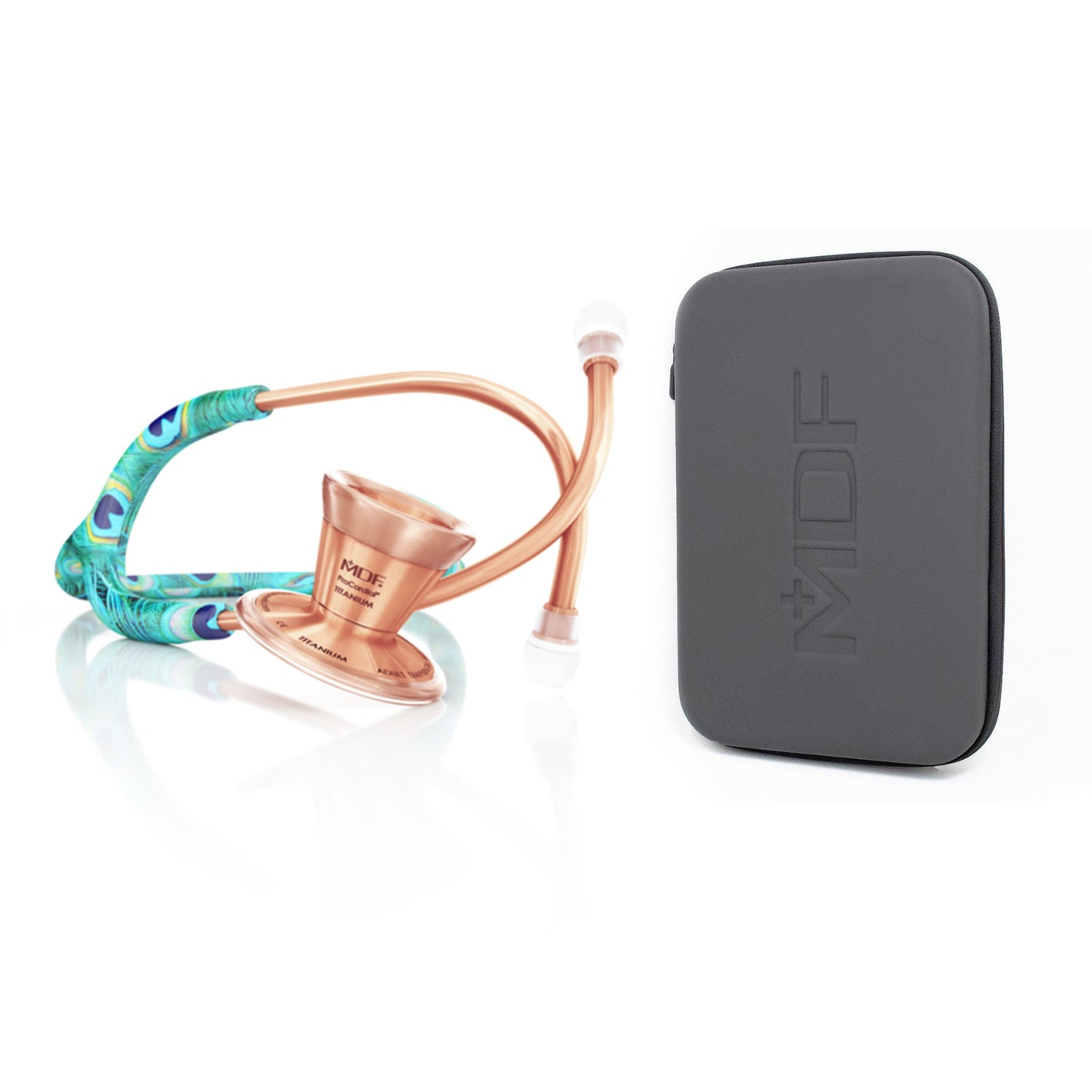 ProCardial titanium adult cardiology stethoscope by MDF Instruments with peacock and rose gold accents, shown with its case.