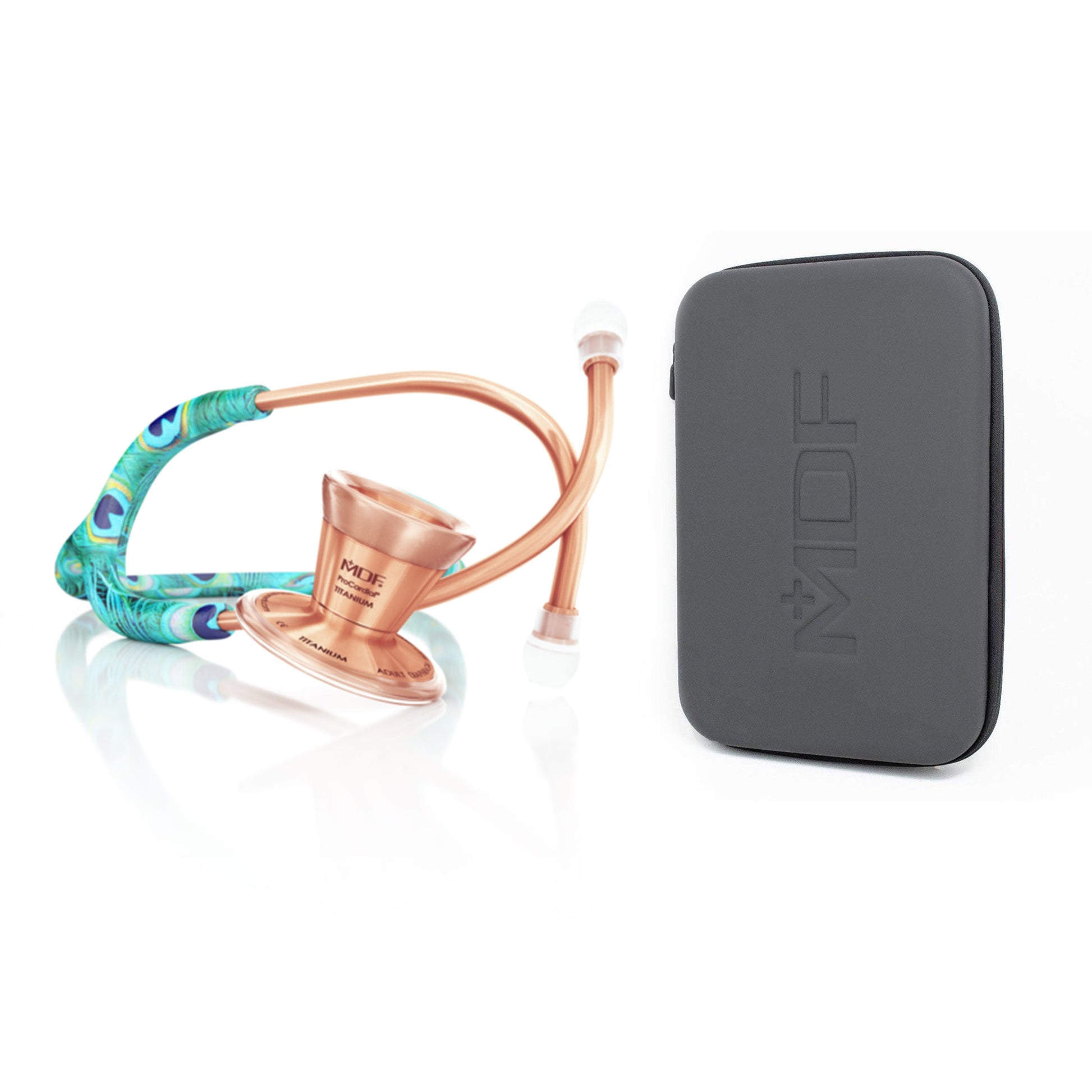 ProCardial titanium adult cardiology stethoscope by MDF Instruments with peacock and rose gold accents, shown with its case.