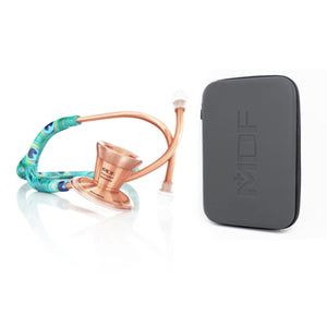 ProCardial titanium adult cardiology stethoscope by MDF Instruments with peacock and rose gold accents, shown with its case.