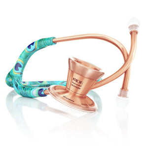 ProCardial Titanium adult cardiology stethoscope by MDF Instruments with peacock and rose gold accents, shown with carrying case.