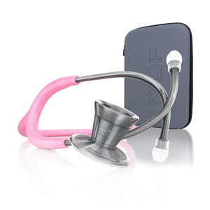 Pink glitter MDF Instruments ProCardial titanium adult cardiology stethoscope with metalika accents and carrying case.