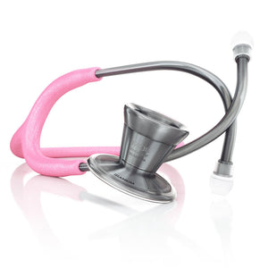 MDF Instruments ProCardial® Titanium adult cardiology stethoscope with light pink glitter tubing and metalika chest piece, with case.