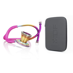 Pink glitter and rose gold ProCardial titanium adult cardiology stethoscope with case by MDF Instruments.