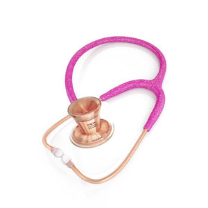 Pink glitter and rose gold MDF ProCardial titanium adult cardiology stethoscope with case, featuring dual-head chest piece and flexible tubing.