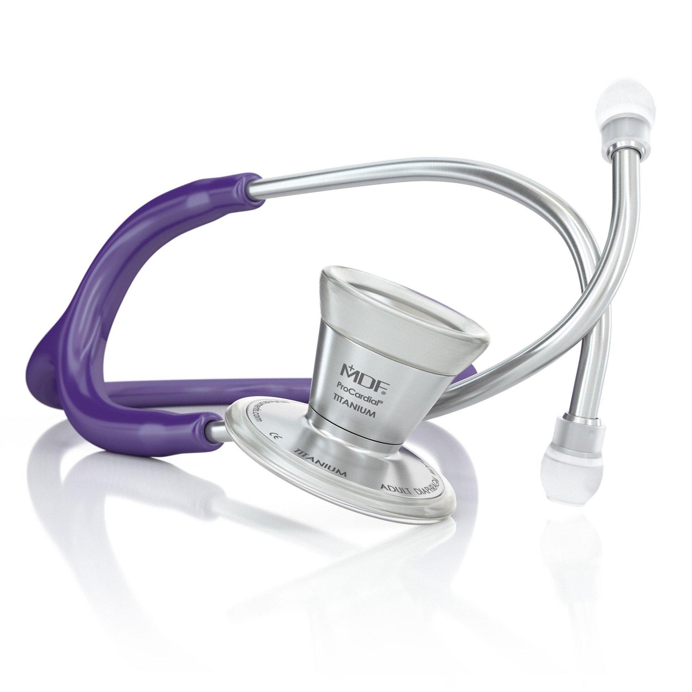 Purple ProCardial® titanium adult cardiology stethoscope by MDF Instruments, with flexible tubing and dual head for medical auscultation.