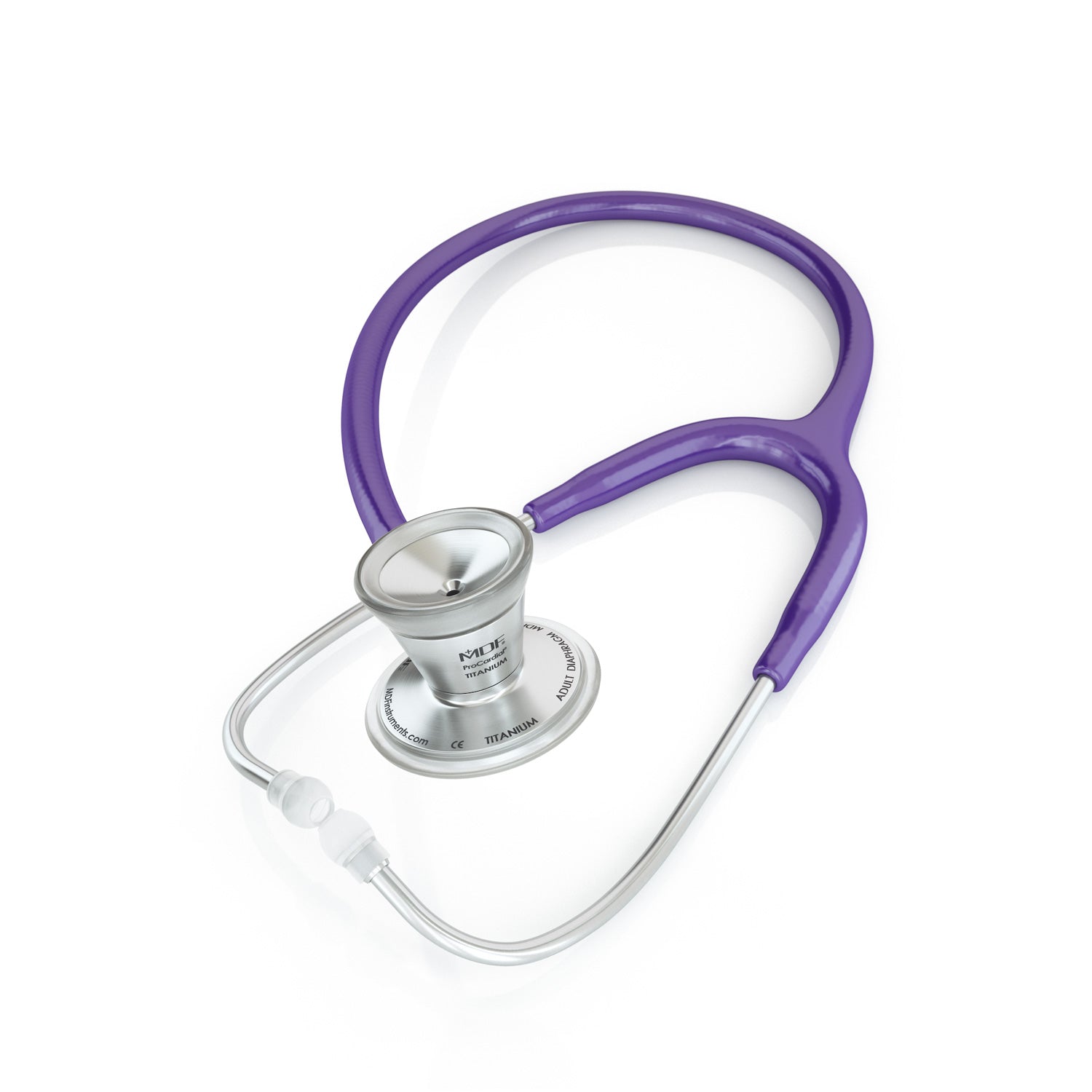 Purple ProCardial® Titanium adult cardiology stethoscope by MDF Instruments with dual head and ergonomic eartips.
