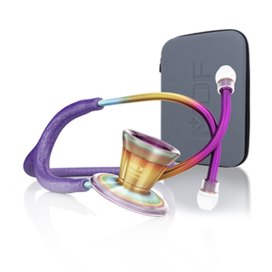 Purple glitter MDF ProCardial titanium adult cardiology stethoscope with case, featuring a colorful kaleidoscope design.