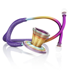 ProCardial® Titanium adult cardiology stethoscope by MDF Instruments with purple glitter and kaleidoscope pattern, includes carrying case.