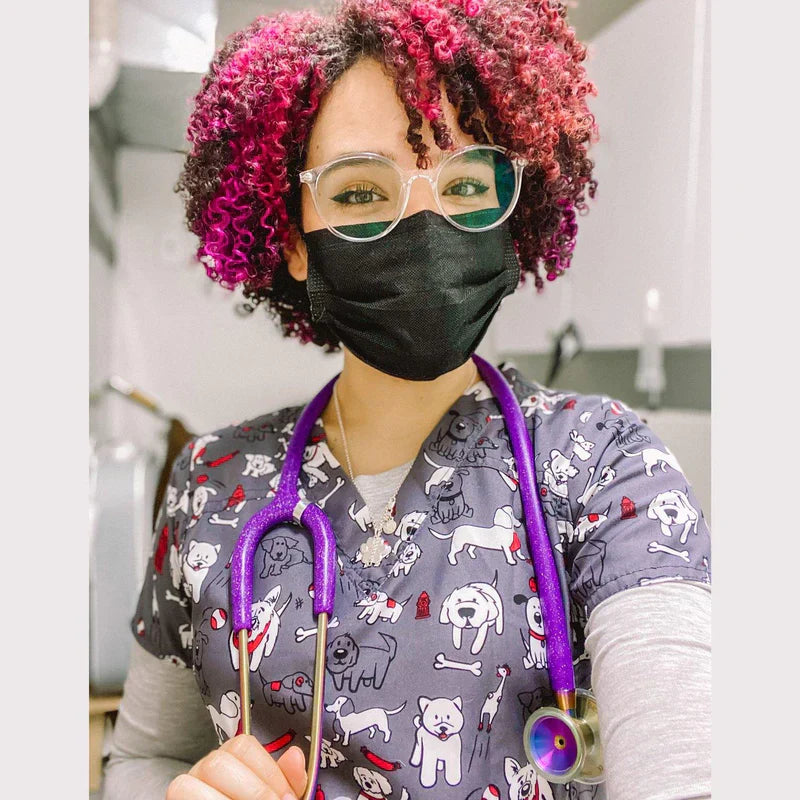 MDF Instruments ProCardial Titanium adult cardiology stethoscope with purple glitter and kaleidoscope design, with carrying case.