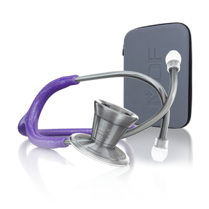 ProCardial Titanium adult cardiology stethoscope by MDF Instruments in purple glitter with metal accents and carrying case
