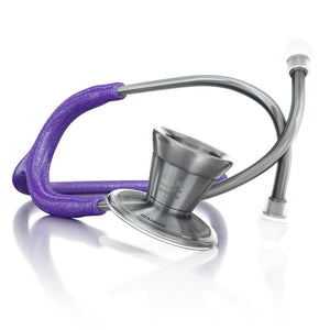 ProCardial® Titanium adult cardiology stethoscope with purple glitter tubing from MDF Instruments, shown with case and metallica accents.