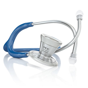Royal blue ProCardial titanium adult cardiology stethoscope by MDF Instruments with stainless steel chest piece and flexible tubing.