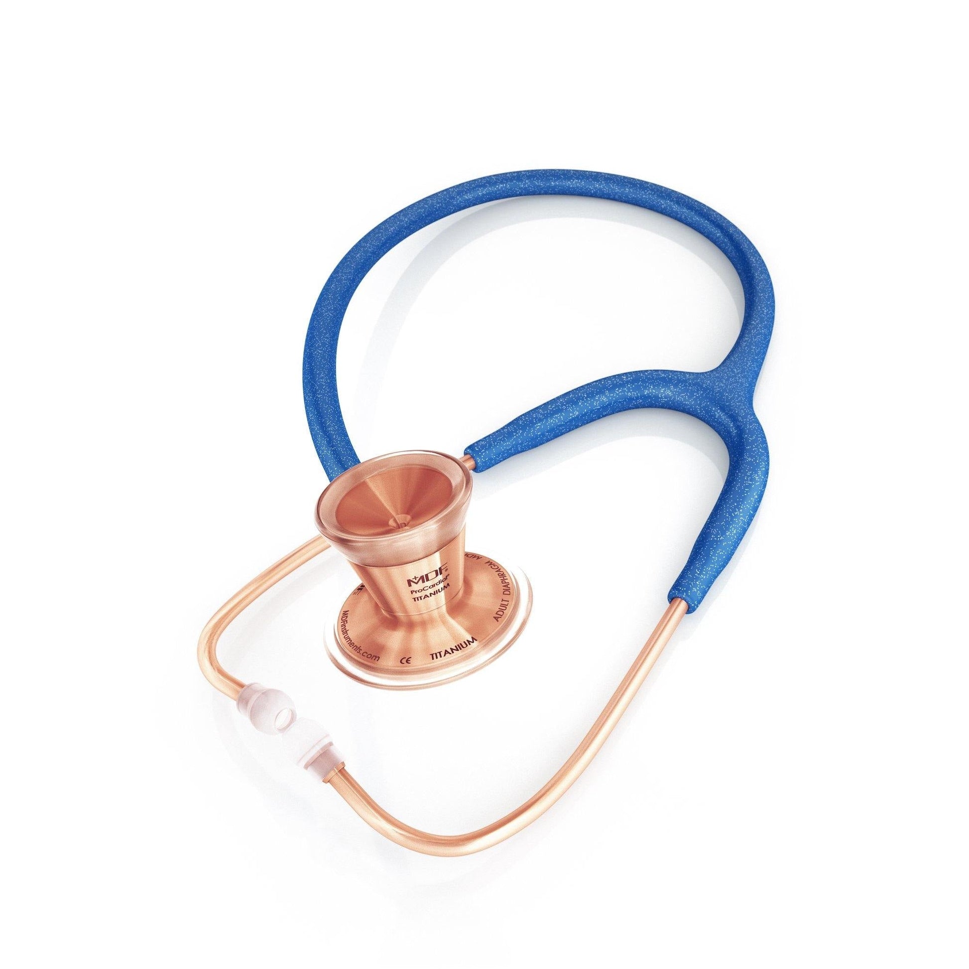 ProCardial Titanium adult cardiology stethoscope in royal blue glitter with rose gold accents, shown with black case by MDF Instruments.